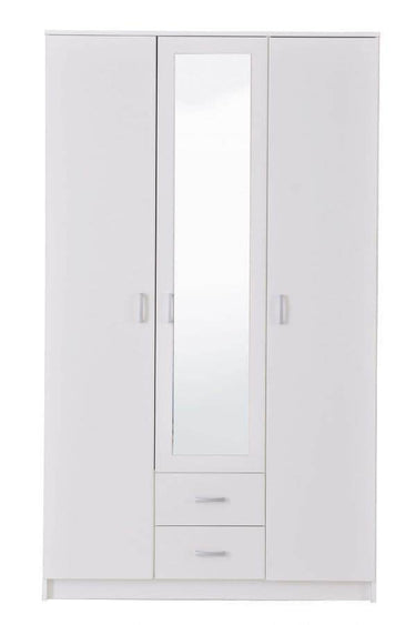 Kano White Three-Door Wardrobe: Elegant Storage with Mirror, Drawers, and Hanging Rail - UK Luxury Furniture